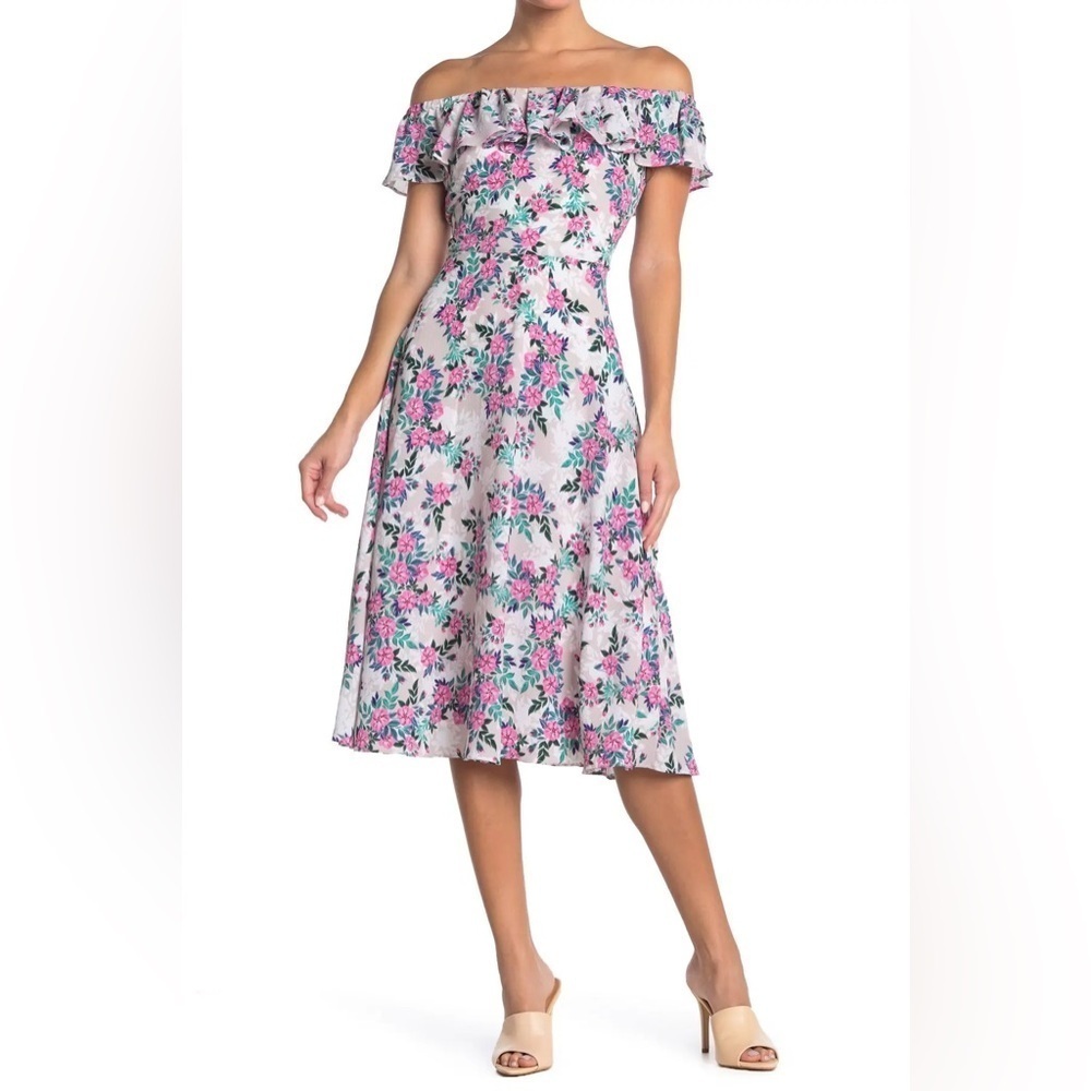 Betsey Johnson Off Shoulder Cream Pink Tropical Floral A Line Midi Dress Size 2